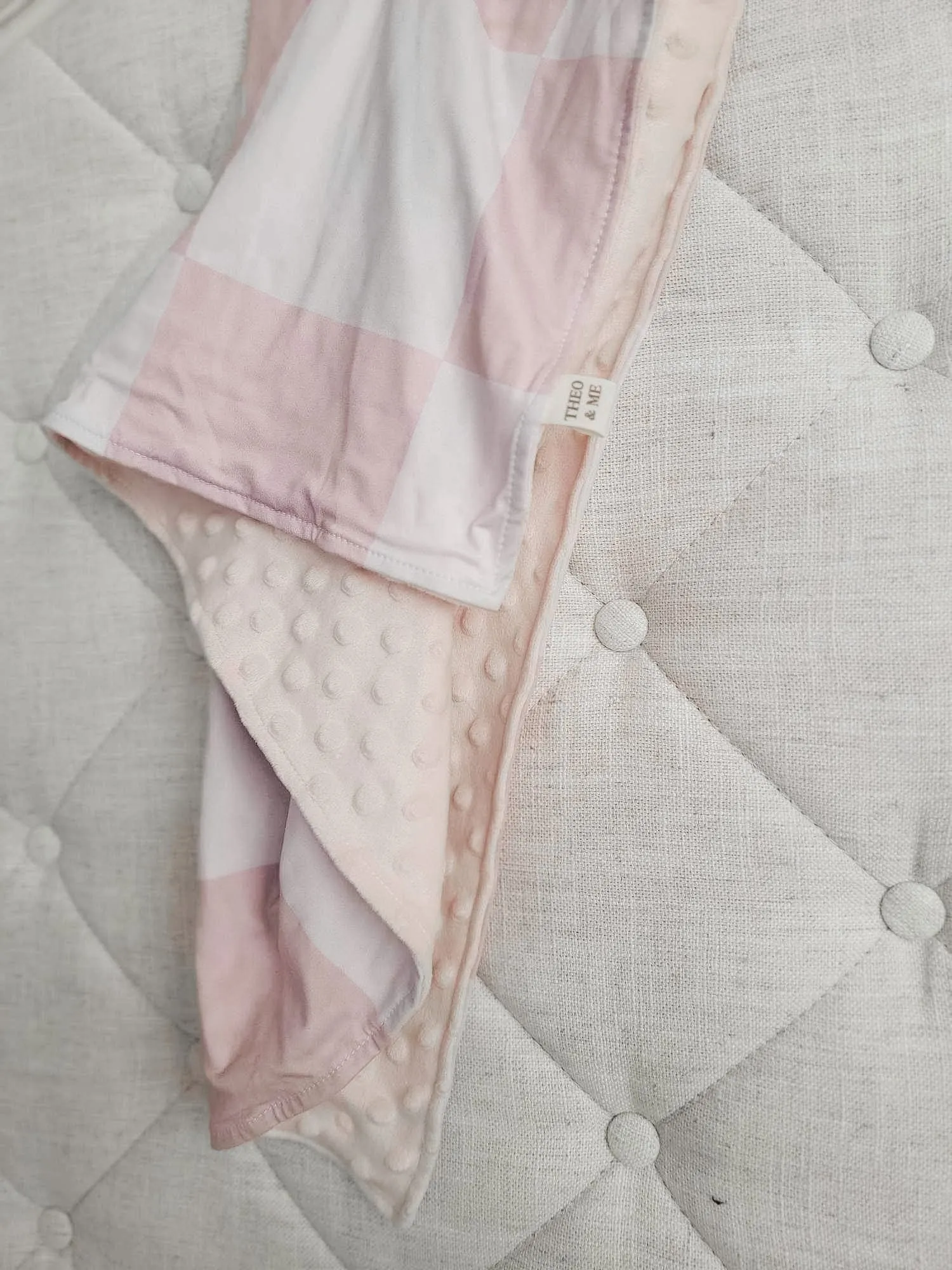 $10.00 EA - 5Pcs  - Kids Blankets Minky & Cotton Spandex - Blush/Tan Check