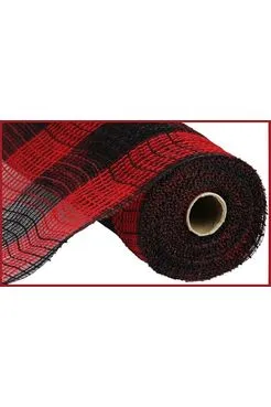 10.25" Faux Jute Check Mesh Ribbon: Red & Black (10 Yards)