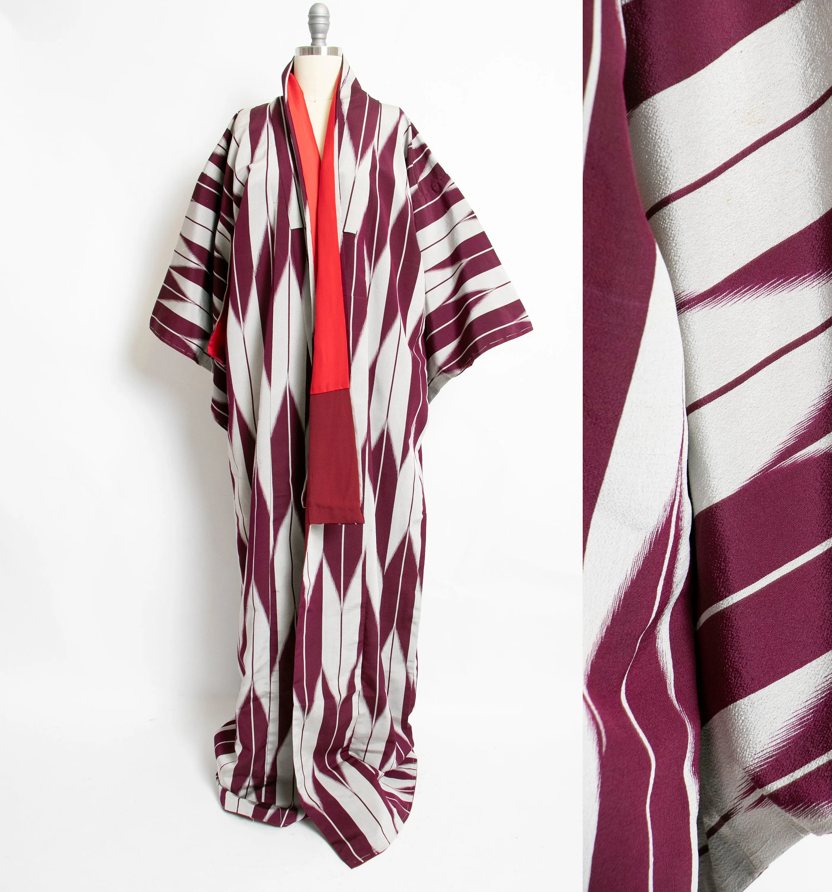 1950s Kimono Japanese Robe Crepe Long Purple Grey 60s