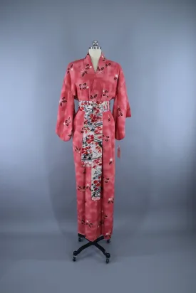 1950s Vintage Silk Kimono Robe / Coral Pink Shibori Floral