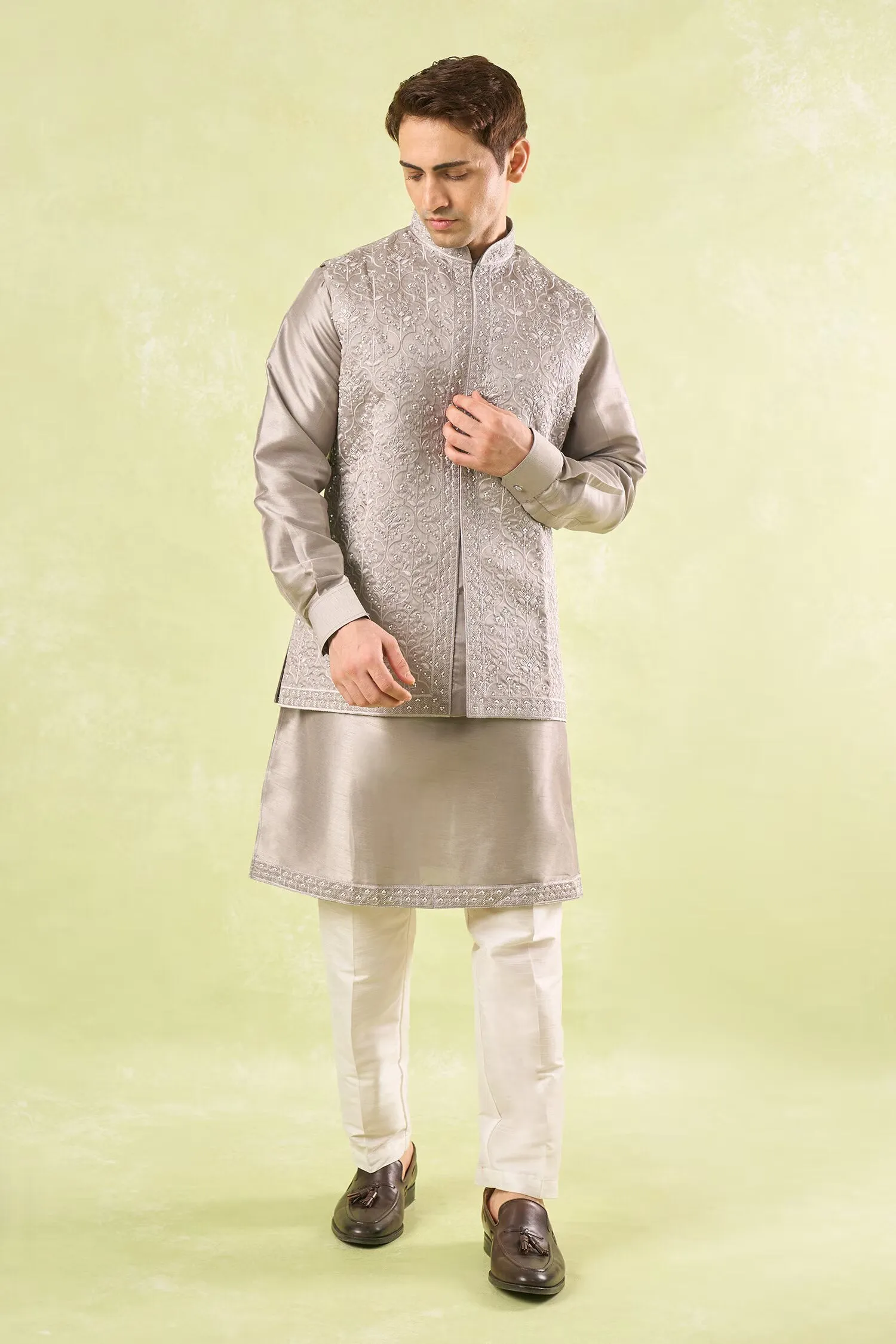 Grey Embroidered Kurta-Bundi Set