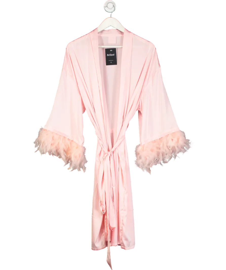 Kayali Pink Satin Robe With Feather Trim UK S/M