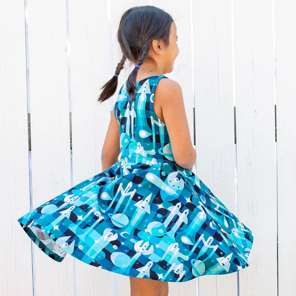 "Bound for Beyond" Spaceships Sleeveless Play Dress with Pockets