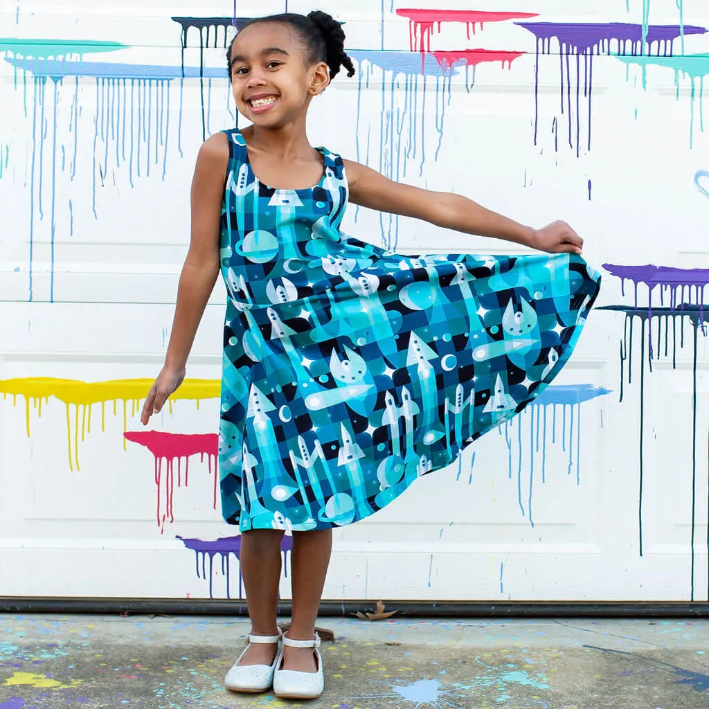 "Bound for Beyond" Spaceships Sleeveless Play Dress with Pockets