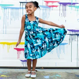 "Bound for Beyond" Spaceships Sleeveless Play Dress with Pockets