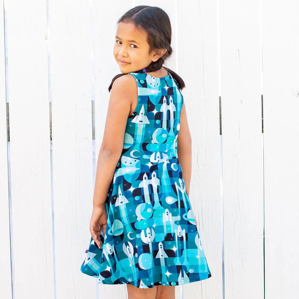 "Bound for Beyond" Spaceships Sleeveless Play Dress with Pockets