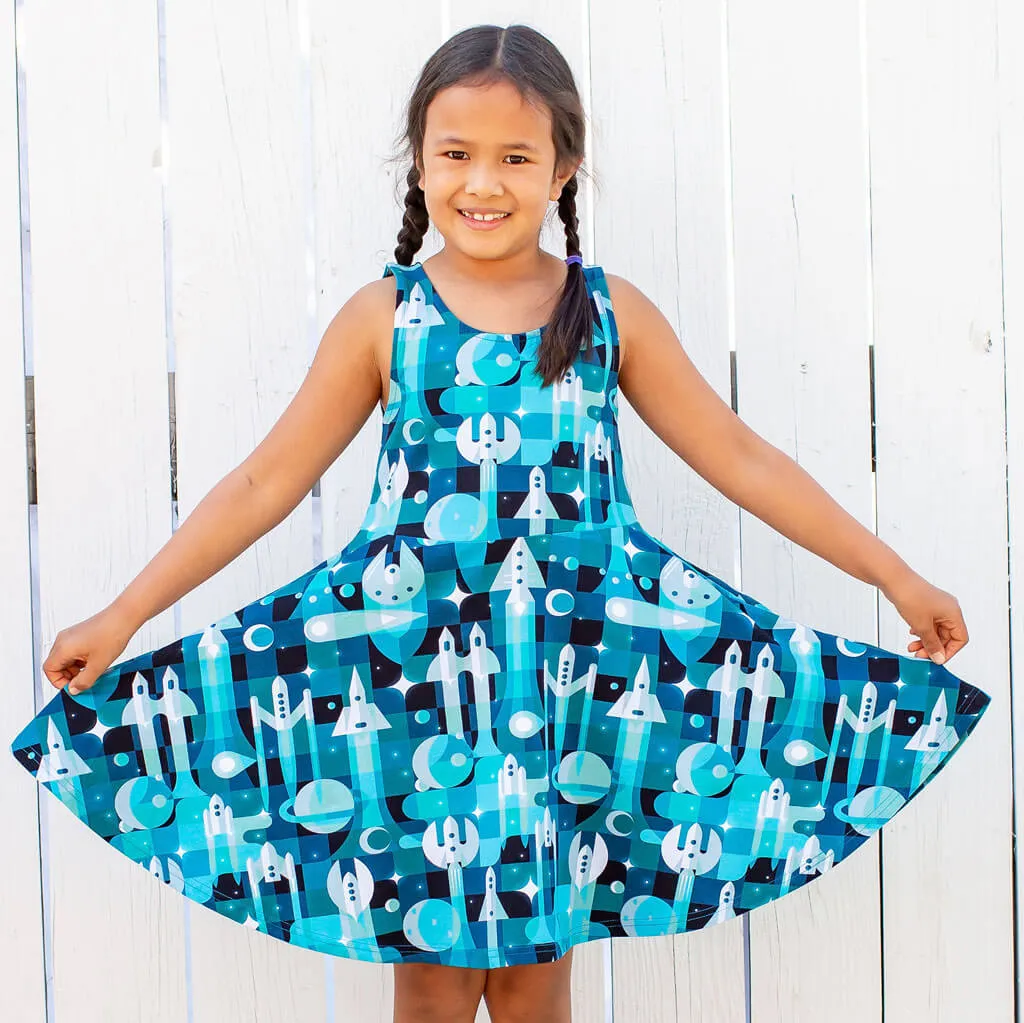 "Bound for Beyond" Spaceships Sleeveless Play Dress with Pockets