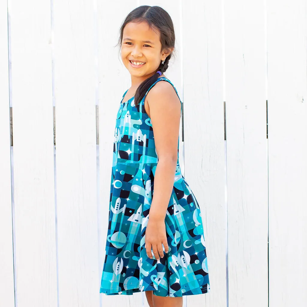 "Bound for Beyond" Spaceships Sleeveless Play Dress with Pockets