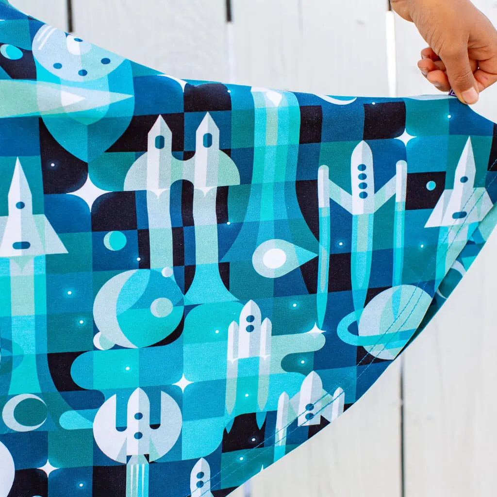 "Bound for Beyond" Spaceships Sleeveless Play Dress with Pockets